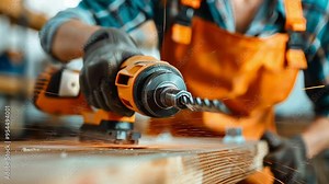 Woman in woodshop, using power tools, carpenter portrait