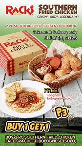 5.4K views · 26 reactions | One-day comfort food deal! Get our 2-pc Southern Fried Chicken Lunch Box with FREE Spaghetti Bolognese available for take-out and delivery ONLY TODAY, July 18!Perfect for lunch, dinner or as a pasalubong. Don’t miss out!Order now for take-out or delivery via grabfood, foodpanda or www.racks.ph.#RACKSPh #FriedChickenFix #RACKSOnTheGo | RACKS | Facebook