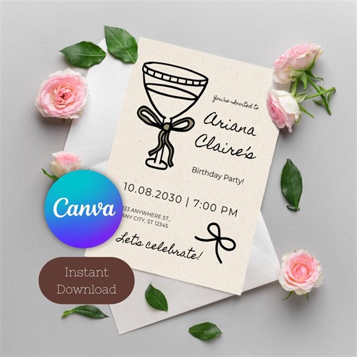 Minimalist Cocktail Birthday Invitation Template | Modern Adult Party Invite | Editable Template Canva (digital Download) - Etsy