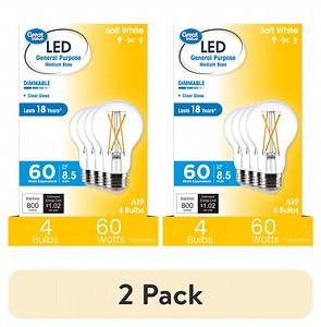 (2 pack) Great Value 18YR A19 LED Light Bulb, 8.5W(60W Equivalent) Dimmable Soft White E26 Medium Base, 4 Pack