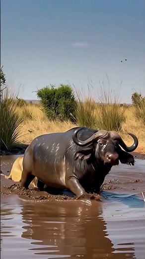 Brutal Battle in the Mud: Lion Ambushes Buffalo in African Savannah Waterhole