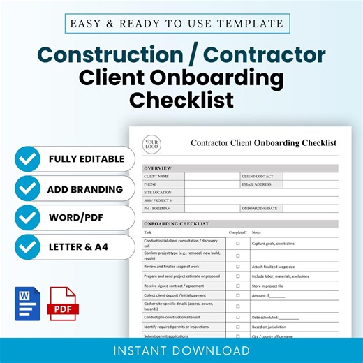 Construction / Contractor Client Onboarding Checklist Template – Word & PDF, A4   US Letter - Etsy