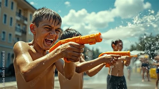 A group of young boys playing with water guns in a water park