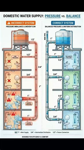 DOMESTIC WATER SUPPLY SYSTEM EXPLAINED A well planned water supply system is the key to comfort efficiency and long term plumbing safety. This reference image clearly explains the difference between an incorrect pressure based system and a correct balanced water supply system used in houses and buildings. INCORRECT WATER SUPPLY SYSTEM In an incorrect system the pipe sizes and flow path are not balanced. This causes pressure imbalance across different floors and fixtures. Upper floors suffer from