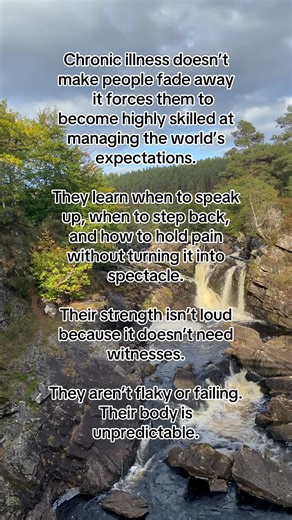 Chronic illness doesn’t make people fade away — it forces them to become highly skilled at managing the world’s expectations. They learn when to speak up, when to step back, and how to hold pain without turning it into spectacle. Their strength isn’t loud because it doesn’t need witnesses. They aren’t flaky or failing. Their body is unpredictable. #fibromyalgia #invisibleillness #strength #positivevibes #innerpeace