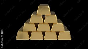 Gold bars animation. Stacks of gold bars animation. 3D illustration of gold bars. Business financial banking concept. Transparent background with alpha channel