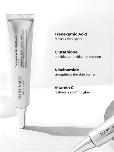 Powered by brightening tranexamic acid and antioxidant-rich glutathione, the Mary&May Tranexamic Acid Glutathione Eye Cream is your new secret hack for fading dark circles, reviving dulness, and bringing that well-rested glow back. No filter needed ✨ #marynmay #eyecream #koreanskincare