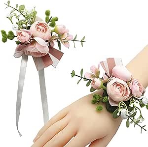 WANLIAN Rose Wrist Corsage Bridesmaid Hand Flower Decor for Wedding Prom Party Wedding Flowers Prom Birthday Party Set of 2 (pink02)