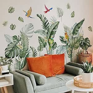 Boho Tropical Rainforest Leaves Wall Decals Palm Leaf Green Plants Floral Birds Wall Stickers Living Room Bedroom Office Wall Décor