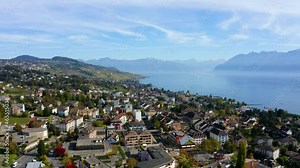 Panoramic View On Municipality Of Pully In Switzerland In The Canton Of Vaud, Located In The District Of Lavaux-Oron - aerial drone shot