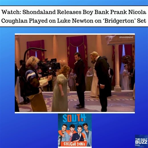 BRIDGERTON PRANK VIDEO RELEASED! If you've been following the global press tour #NicolaCoughlan and #LukeNewton have been on to promote #Bridgerton season 3, you've no doubt heard them discussing the big on-set prank Nicola played on her co-star. They were filming a seroius ballroom scene where orchestra music was to be played in their ears, but Nicola asked that Luke's only hit with his former boy band, a song called 'Cougar Town,' be played instead. The whole crew was in on the prank, and whil