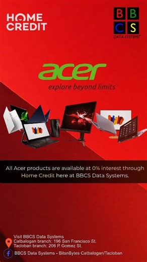 1.8K views |  ALL ACER PRODUCTS at 0% INSTALLMENT! No interest. No hassle. Just easy payments via Home Credit – available every day here at BBCS Data Systems!  ✔️ Laptops ✔️ Desktops ✔️ Accessories  Visit us in-store and upgrade now! #Acer #0PercentInstallment #HomeCredit #BBCSDataSystems #TechUpgrade #CatbaloganCitySamar #Samar #tacloban | BBCS Data Systems - BitsnBytes Catbalogan/Tacloban | Facebook