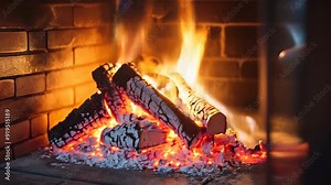 3D animation of a burning fireplace with logs and sparks in a cozy atmosphere