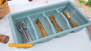Maxdot 3 Pcs 20.5 x 11.9 x 3.7 Inch Silverware Organizer with Lid, Commercial 4-compartment Restaurant Kitchen Cutlery Tray, Plastic Silverware Storage Container, Condiments Holder (Grayish Blue)