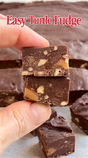 Kelsie on Instagram: "EASY turtle fudge! 🎉 Comment RECIPE and I’ll send you the link🎄 Chocolate, caramel, and toasted pecans come together to make a fantastic last-minute Christmas treat 😊 This super yummy fudge is dangerously easy…made in the microwave w/just a handful of ingredients, no candy thermometer required 😍 . . https://itsybitsykitchen.com/turtle-fudge/"