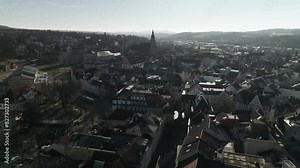Aerial footage of the Old Town Coburg at the golden hour in Germany