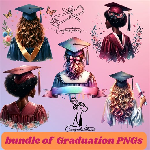 Graduation Girl PNG Bundle | Class of 2026 Clipart | Diverse Graduate Girls Back View | Graduation Cap Diploma PNG - Etsy