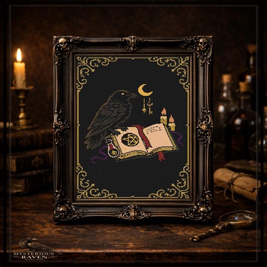 Raven Spellbook Cross Stitch Pattern – Witchcraft Grimoire, Moon, Candles (PDF Chart) - Etsy