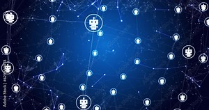 Animation of dots and robot icons connecting with lines and moving on abstract background