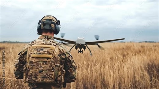 Military drone pilot in camouflage uniform and tactical gear operating a vertical takeoff and landing uav, which is landing on his hand in a wheat field during a reconnaissance mission