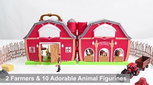 QIAHO Farm Animal Toys Take Along Barn Farm Playset for Toddlers Montessori Toys for Kids with 10 Animals Figurines 2 DIY Stickers