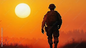 Soldier walking silhouette with bright sun in orange sky. War Concept. Military silhouettes fighting scene on war fog sky background, World War Soldiers Silhouette Below Cloudy Skyline At night. 4k