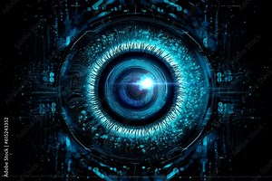 Abstract blue light explosion that expands in space forming a human eye. Concept of technological vision or artificial intelligence control.