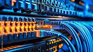 The image showcases a close-up view of a network switch with illuminated ports and connected cables, highlighting the technology used in data communication and networking.