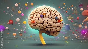 An animated brain with tered thoughts and racing images representing the hyperactivity often associated with ADHD. minimal 2d animation Psychology art concept