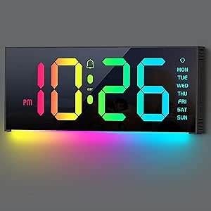 Abovsare Digital Wall Clock Large Display, 13" Alarm Clock with 12 RGB Colors Changing Remote Control, LED Clocks with Night Lights for Living Room Bedroom Office Wall Decor, Black