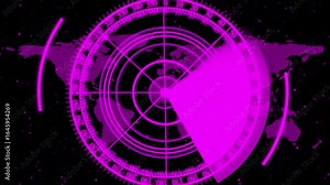 Global Radar Scan with World Map Background. Military Surveillance Radar with Rotating Sweep.