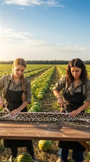 Tanuj YouTuber on Instagram: "Two beautiful Russian women used knives to cut a huge python lying on a table in a watermelon field. #viralreels #americanfood"