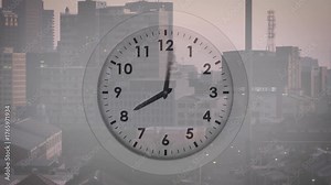 Clock overlay appearing over hazy city skyline at dawn, hands moving to show time progression