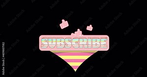 An animated cute pink plate with the inscription SUBSCRIBE and LIKE signs with a hand with a raised finger. A button with a transparent background to attract subscribers to streams and video channels.
