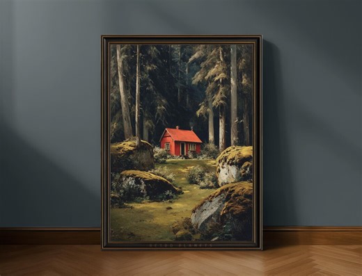 Red Forest Cabin Wall Art | Vintage Woodland Landscape | Cozy Lake Decor | Digital Download - Etsy