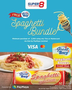 154 reactions · 7 comments | Get a free spaghetti bundle at Super8 Grocery Warehouse Official when you spend a minimum of P2,500 using your Visa or Mastercard via the ONE by PayMaya terminal! Promo runs until November 30, 2019. Per DTI Fair Trade Permit No. FTEB 18870, Series of 2019. | Maya | Facebook
