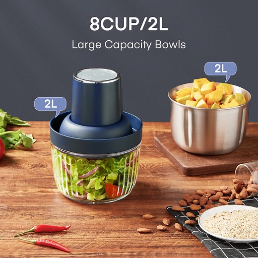 Food Processor, Electric Meat Grinder & Powerful 300W Food Chopper with Two Bowls (7 Cup 8 Cup) & 2 Bi-Level Blades for Nuts, Meat, Onion, Garlic, Baby Food