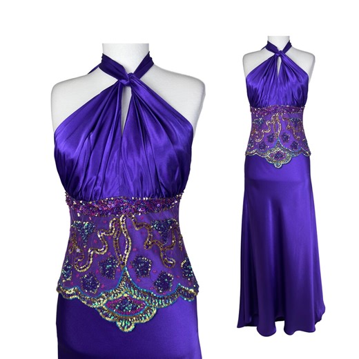 Vintage Purple Halter Prom Dress Y2K Satin Beaded Waist Maxi Evening Gown Open Back Formal Dress Statement Gala Dress - Etsy
