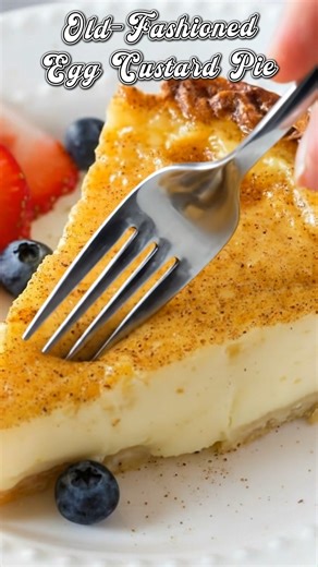 Old-Fashioned Egg Custard Pie 🥧 This classic Egg Custard Pie is creamy, silky, and straight-up nostalgic. Smooth vanilla custard, warm nutmeg on top, and that flaky crust? Absolute comfort dessert vibes. Save this Egg Custard Pie recipe, share it with a custard lover, or tag someone who adores old-fashioned pies 🤍 Yield: 8 large servings Ingredients: • 3 large eggs, beaten • 3/4 cup granulated sugar • 1/4 teaspoon salt • 1 teaspoon vanilla extract • 1 egg white, beaten (for egg wash) • 1 unbak
