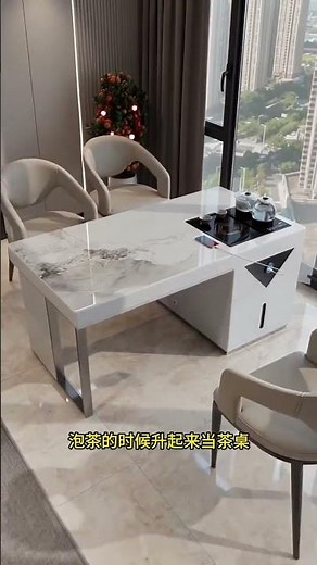 modern minimalist executive office desk integrated with an automatic tea brewing system