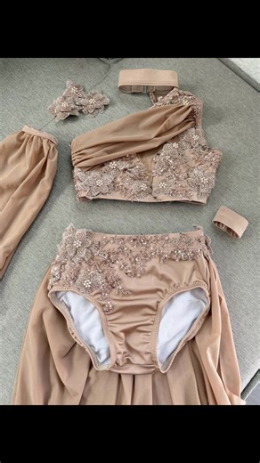 Gold lace over a tan base before rhinestone✂️🪡#dance #dancecostume #dancecompetition #contemporarydance #handmadecostume
