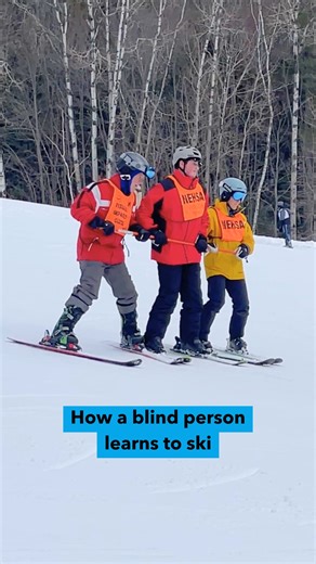 #Sports are for everyone! Whether it’s holding onto a pole with guides on either side, using a tether, or other methods like adaptive sleds, there’s a way for every student who is #Blind or has #LowVision to hit the slopes and #Ski. ⛷️ | Perkins School for the Blind