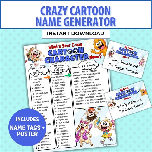 Crazy Cartoon Character Name Generator for Kids, Silly Printable Name Game, Classroom Activity, Party Game, Screen Free Kids Activity - Etsy