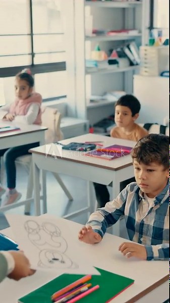 Learning, art and paper with students in classroom for education, knowledge and creative project. Child development, drawing and lesson with group of kids in school for academy, study and growth