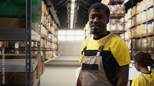 Warehouse worker inspecting cargo details on racks in a large scale fulfillment center, ensuring safety protocols in proper workwear. Logistics management and dispatch in action. Camera A.
