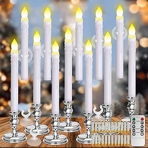 12 Pack Flameless LED Window Candles with Drip Texture,Removable Candle Holders,24 AAA Batteries,Daily Timer,ON/Off Remote,12 Window Suction Cups,Christmas Home Wedding Decor (Sliver)
