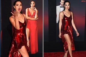 Gal Gadot looks red hot in split dress for the premiere of her new movie