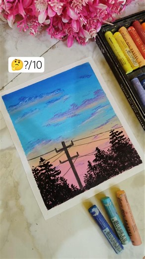 Easy Scenery Drawing for Beginners | Sunset Sky with Silhouette Trees | Oil Pastel Drawing