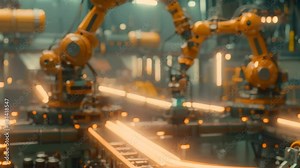 Industrial factory with robotic arms working efficiently on a conveyor belt in a high-tech manufacturing plant, A high-tech manufacturing plant with robotic arms and conveyor belts