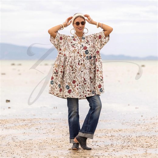 Aria Prairie Rose – Plus Size Cotton Kaftan Tunic With Pockets | Oversized Boho Top - Etsy UK
